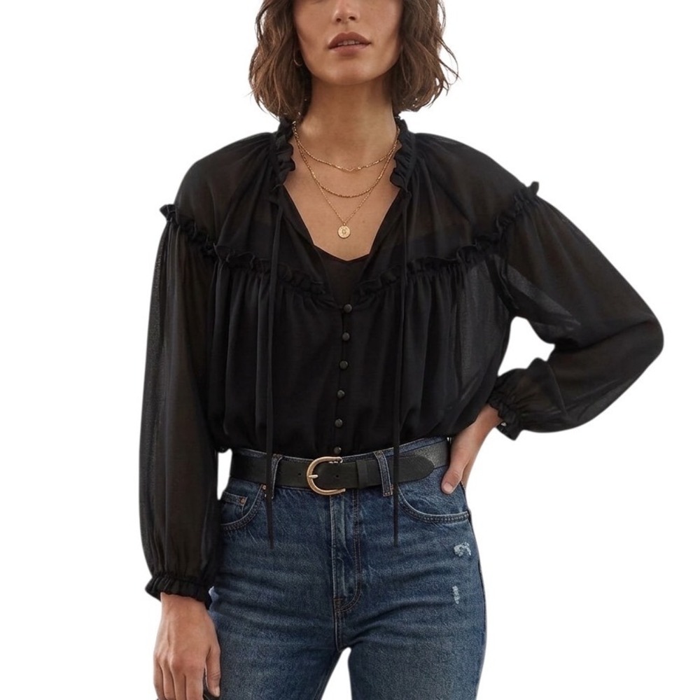 LOTUS & LAVENDER Black Ruffle Tie Neck Sheer Blouse Women's Y2K Size M